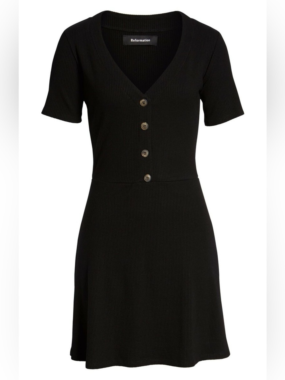 Reformation Cardinal Black Ribbed V-Neck Button-Front Dress